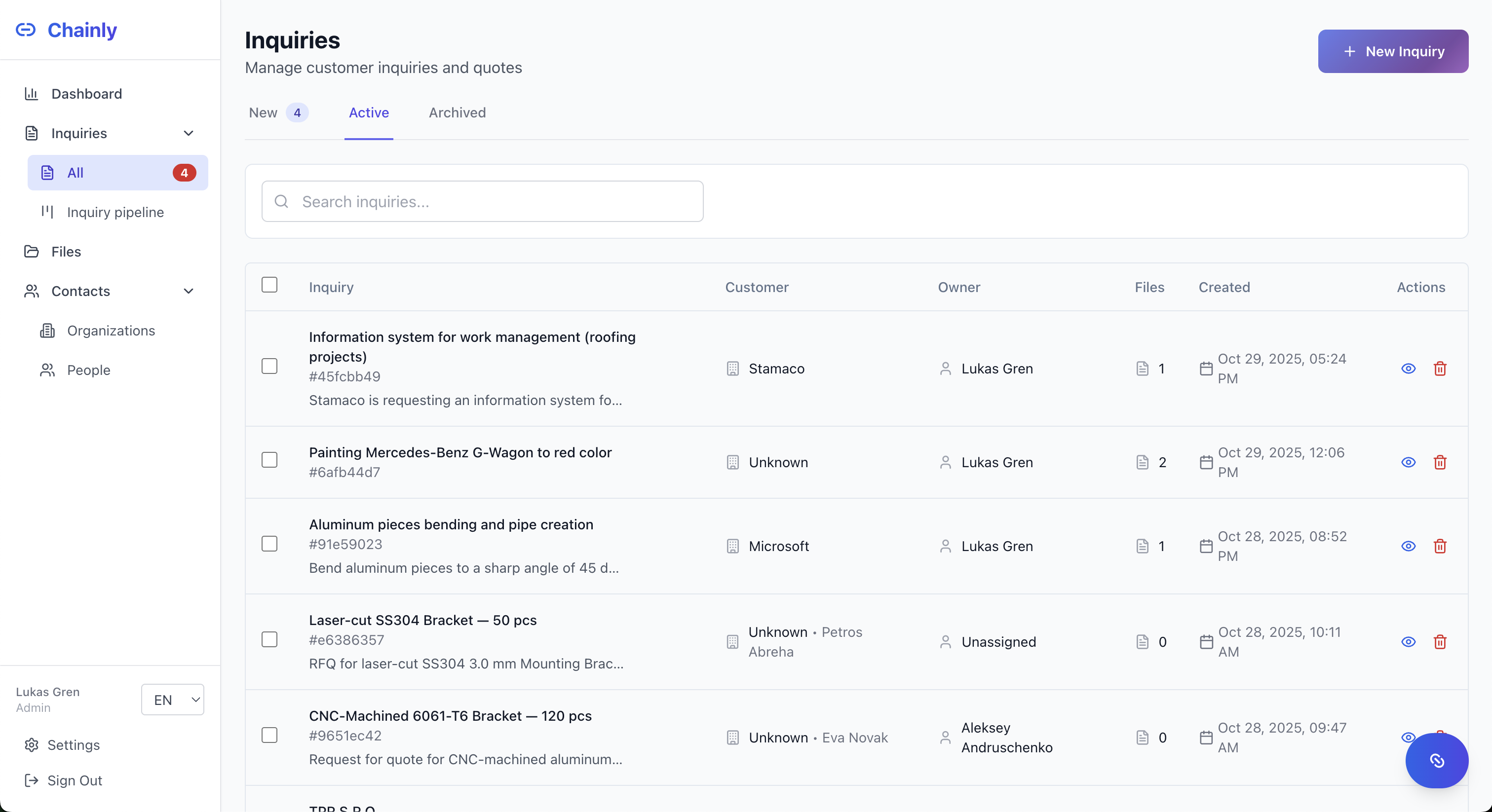 Chainly Intake - Kanban board for managing customer inquiries