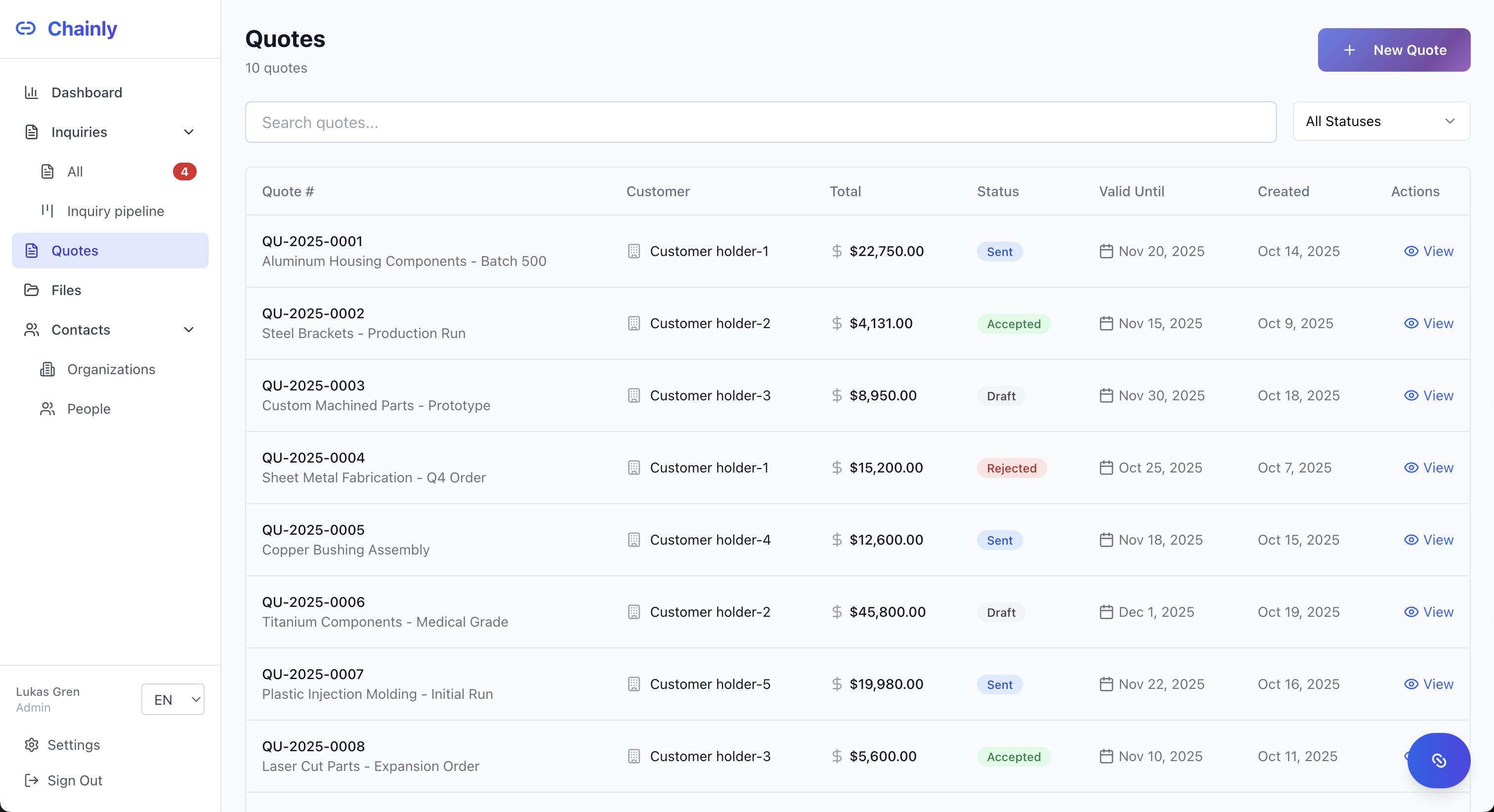 Chainly Quotes - Professional quote management with status tracking